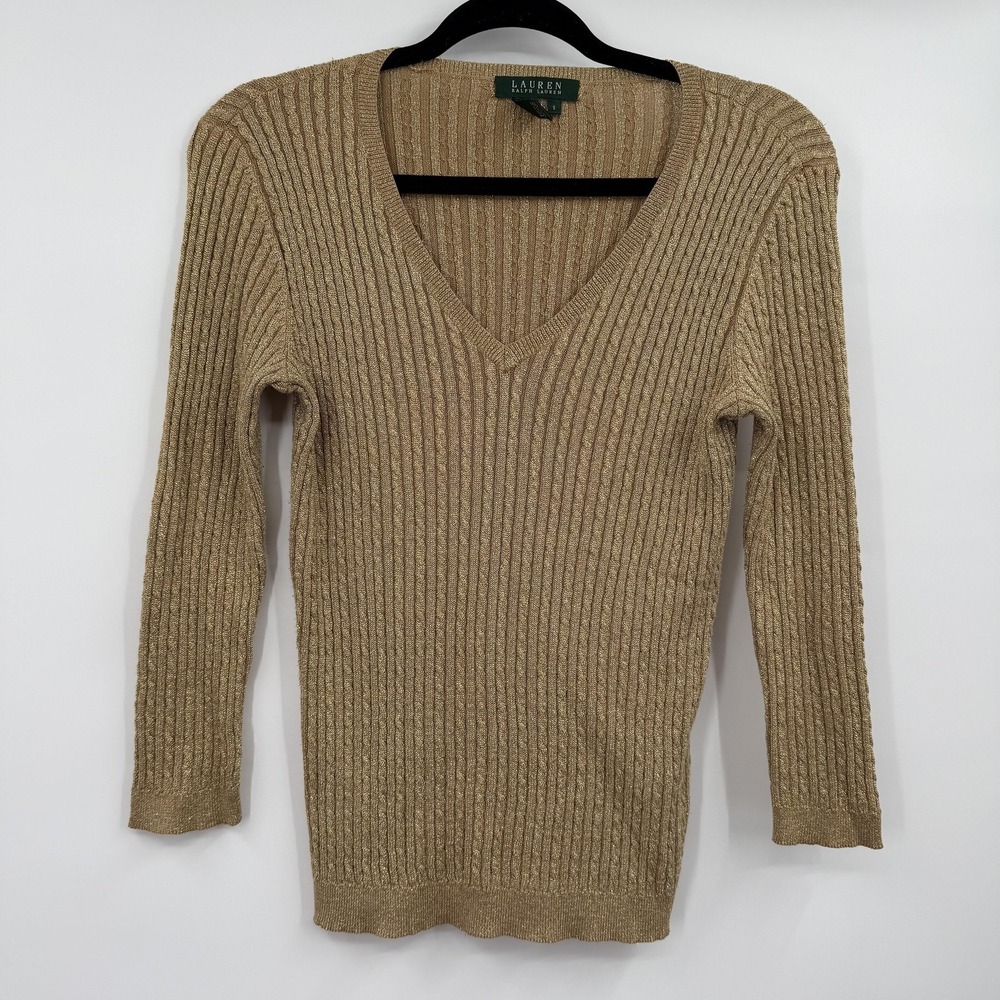 Lauren Ralph Lauren Sweater Womens Small‎ Gold Pullover Metallic Cable Knit
